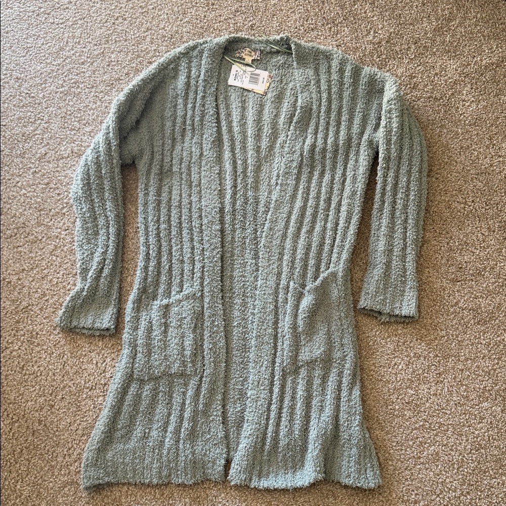 NWT Pink Republic Textured Green Fuzzy Longer Cardigan w pocket size small